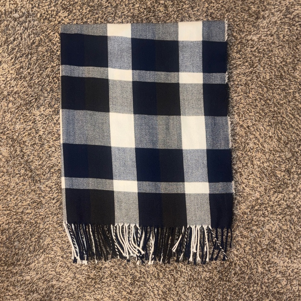 Plaid Fringe Scarf in Blue and White